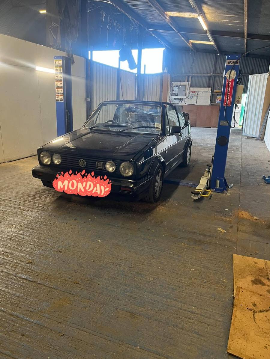 Mk1 VW Golf Cabriolet in the workshop on the lift